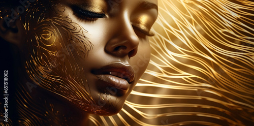 Women faces Golden illustration, horizontal copy space on golden background. Illustration  AI.
