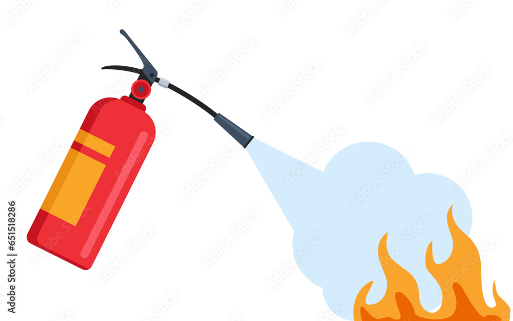 Fototapeta premium Fire extinguishing. Autonomous red fire extinguisher foam spills onto fire. Safety concept, protective warning. Vector