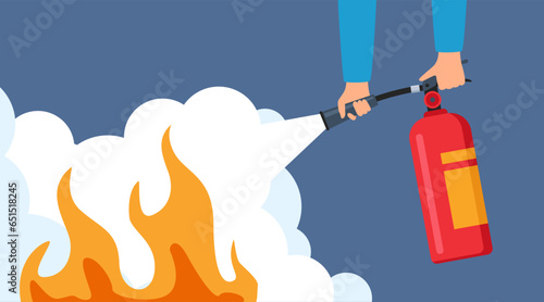 Fire extinguishing. Hands holding autonomous red fire extinguisher foam spills onto fire. Safety concept, protective warning. Vector