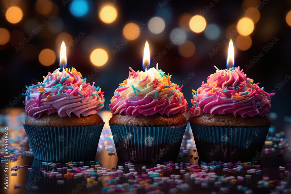 Cupcake with burning candle birthday party concept. - obrazy, fototapety, plakaty 