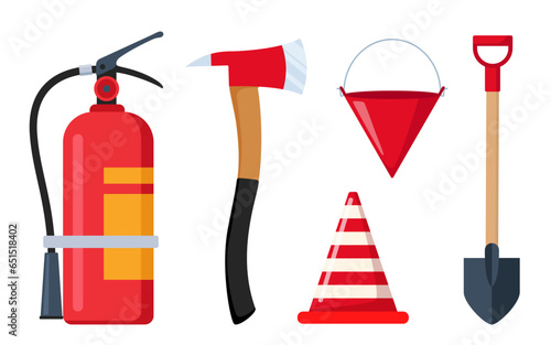 Firefighter emergency equipment set. Axe, hose, hydrant, extinguisher, safety traffic cone, spade fireman tools. Portable firefighter equipment for protection from flame spread. Vector illustration.