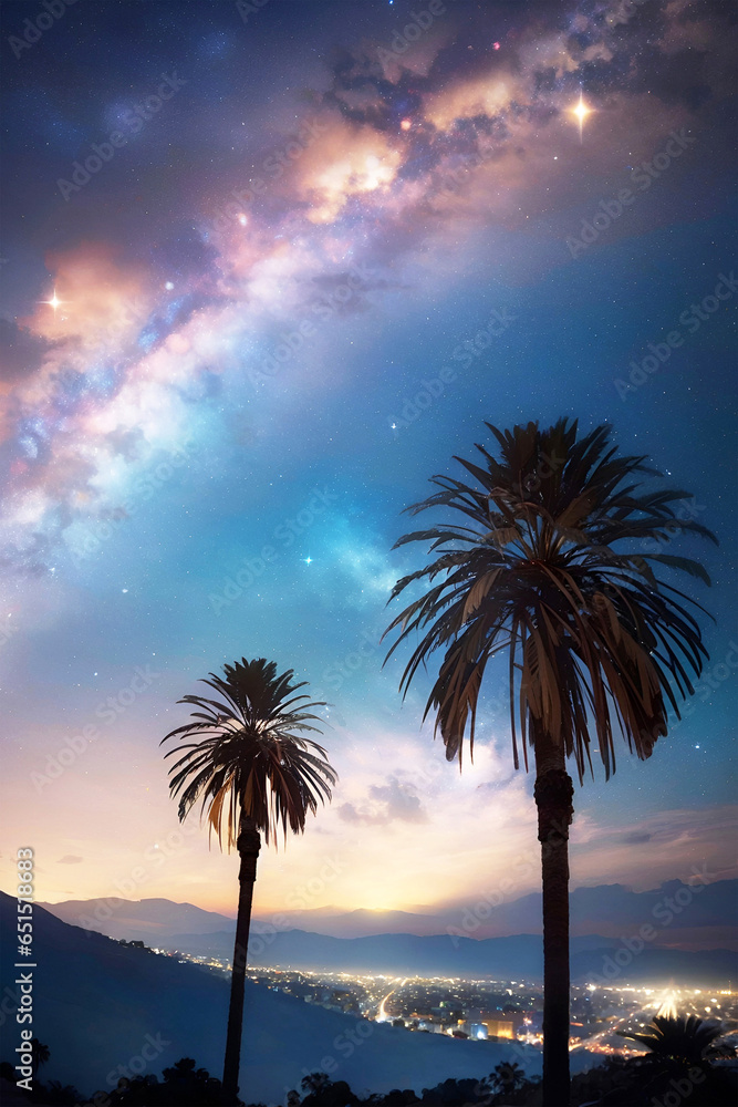 Palm trees and sunset landscape