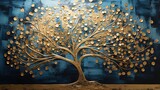 Golden trees of life on abstract blue canvas showered by moonlight
