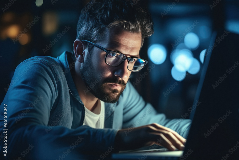 Man wearing protective eyeglasses and focus on laptop screen. Man wearing protective eyeglasses and focus on laptop screen.
