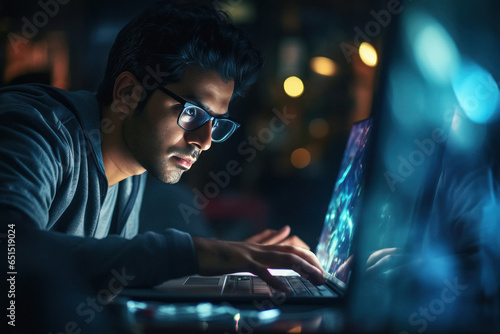 Man wearing protective eyeglasses and focus on laptop screen.