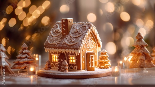 Festive Living Room Ambiance. Cozy Gingerbread House with Christmas Decor and Neon Lights
