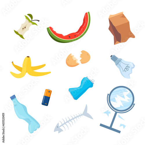 Organic, glass, plastic, paper waste, food compost collection isolated on white background. Banana and watermelon rind, fish bone and apple stump, plastic bottle. Vector illustration.