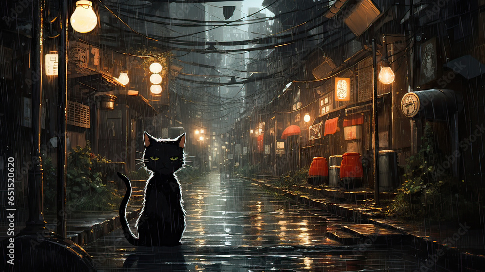 Rain-soaked alleyway; anime cat waiting under a lantern, surrounded by manga comic strips, lo-fi melodies echoing.  AI generative - obrazy, fototapety, plakaty 