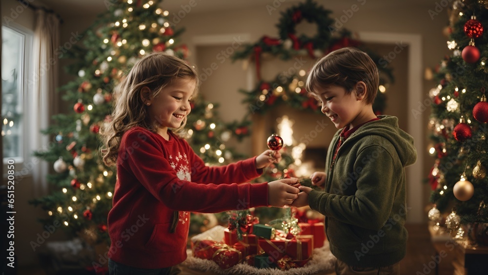 A young child, filled with excitement and wonder, adorning a Christmas tree with colorful lights and sparkling tinsel, creating a magical holiday scene in their home. A young child, filled with excitement and wonder, adorning a Christmas tree with colorful lights and sparkling tinsel, creating a magical holiday scene in their home.