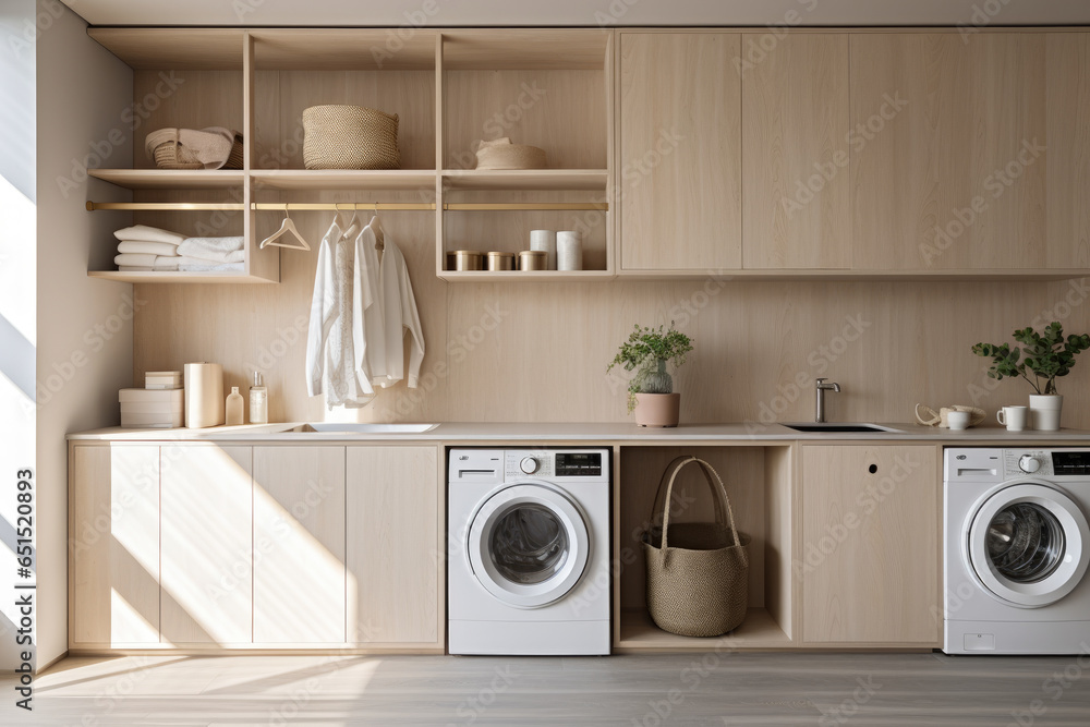 custom made wallpaper toronto digitalEfficient and Elegant Industrial Scandinavian Laundry Room with Clean Lines, Sleek Shelves, and Soothing Gray and Light Wood Color Scheme.