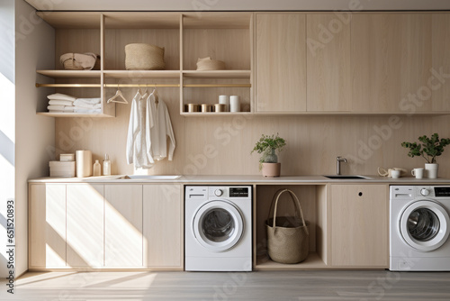 Wallpaper Mural Efficient and Elegant Industrial Scandinavian Laundry Room with Clean Lines, Sleek Shelves, and Soothing Gray and Light Wood Color Scheme. Torontodigital.ca