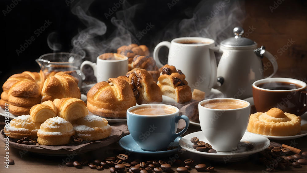 Obraz premium Celebrate International Coffee Day with a Steaming cups of coffee and a variety of pastries. Image is generated with the use of an Artificial intelligence