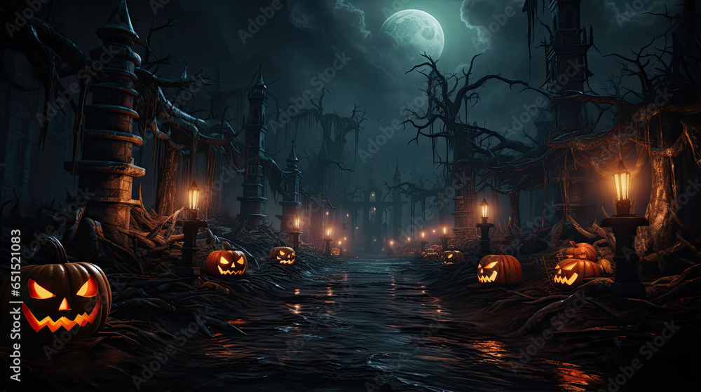 Halloween illustration depicting a creepy sinister path with Halloween pumpkins and burning candles on a creepy abandoned leaning Gothic clubhouse with a shining moon at midnight