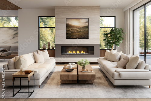 A Stylish Contemporary Oasis: A Serene Living Room with Minimalist Furniture, Sleek Lines, Cozy Textures, Abundant Natural Light, and Artful Decor.