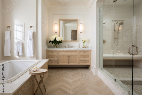 A Serene and Minimalist Transitional Bathroom with Neutral Tones, Subway Tile, and Stylish Organization for a Contemporary and Modern Home Renovation.