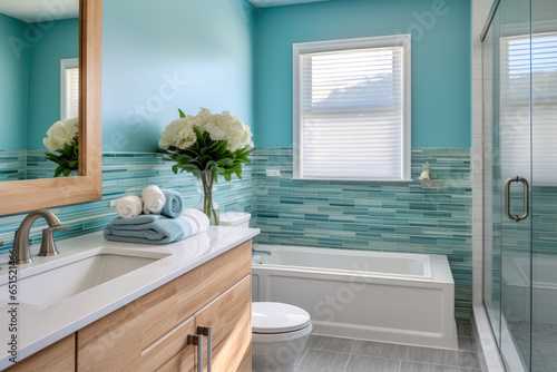 A Serene Coastal Bathroom Oasis  Modern Design with Stunning Glass Tile Accent Wall  Charming Beachy Accessories  and Abundant Natural Light