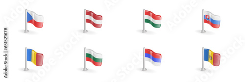 3D flag of Czech Republic, Austria, Hungary, Slovakia, Romania, Bulgaria, Serbia, Moldova. Realistic vector icon set Eastern Europe