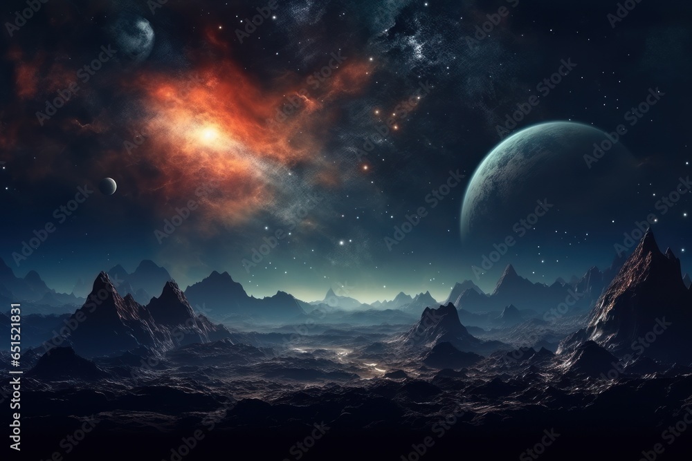 Fantastic alien landscape. Beautiful views of mountains and sky with unexplored planets. Fantastic alien landscape. Beautiful views of mountains and sky with unexplored planets.