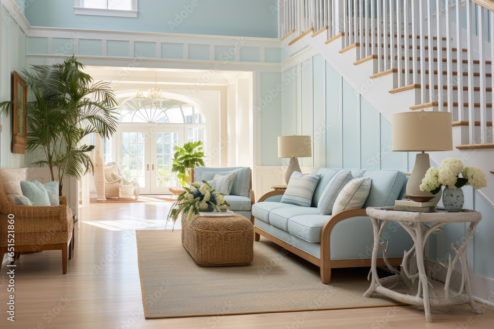 Seaside Serenity: A Timeless Coastal Retreat with Elegant Nautical Style, Captivating Oceanic Hues, and Serene Maritime Accents in a Coastal-inspired Hallway Interior. Seaside Serenity: A Timeless Coastal Retreat with Elegant Nautical Style, Captivating Oceanic Hues, and Serene Maritime Accents in a Coastal-inspired Hallway Interior.