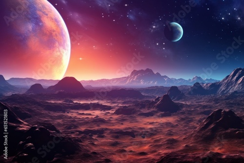 Sunset on an alien planet  planets and moons in colorful light  fantasy space.
