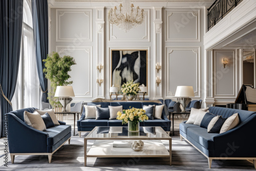 A Spacious and Stylish Navy Blue and Cream Living Room Interior, Harmoniously Blending Contemporary Elegance, Serenity, and Comfort with Cozy Textiles, Sophisticated Accessories, and Minimalistic Art.