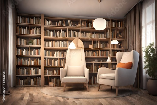 3D Reading Nook Elegance: A Cozy Armchair and Bookcase in Modern Interior Design © Malaika