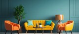 80s style interior design featuring an elegant living room with vintage orange sofa and blue yellow armchairs as well as a comfortable couch in a bright apartment with retro decor