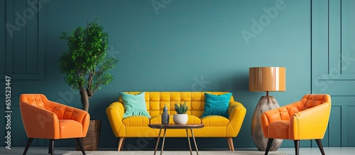 80s style interior design featuring an elegant living room with vintage orange sofa and blue yellow armchairs as well as a comfortable couch in a bright apartment with retro decor