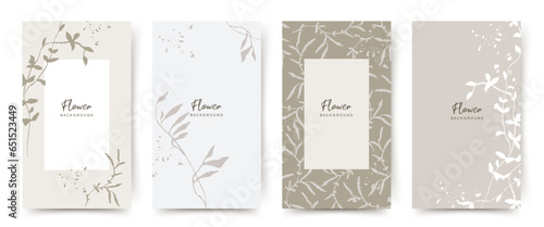 Background template with hand drawn botanical flowers in line art style in neutral pastel colors. Editable vector banner, frame for social media post, card, cover, wed invitation,
poster, mobile apps