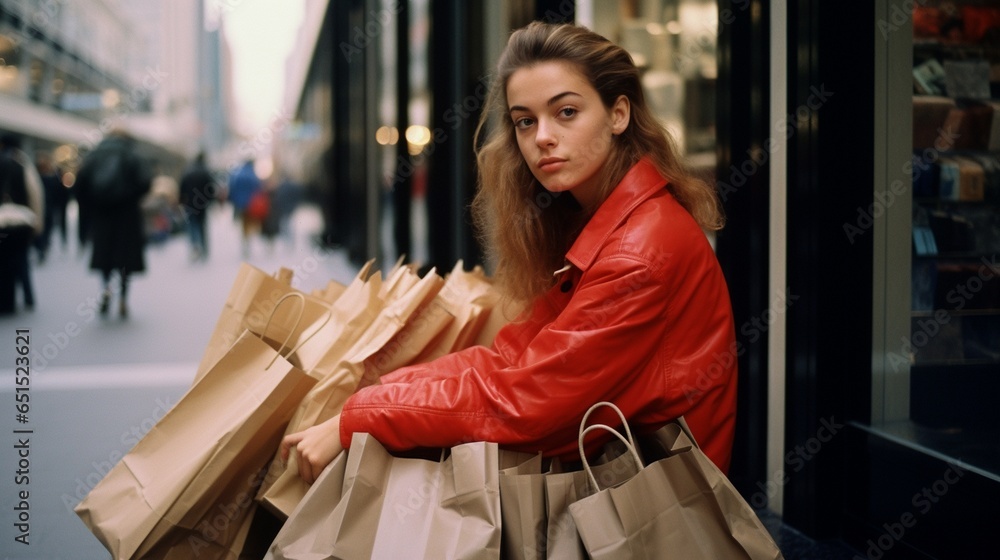 Young woman with shopping bags. Fashionable woman after shopping walking on street Young woman with shopping bags. Fashionable woman after shopping walking on street