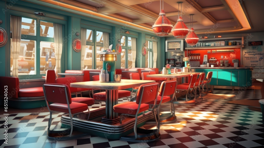 Retro cafe interior. Design in the style of the 40s - 50s. Pastel mint, orange and pink shades.