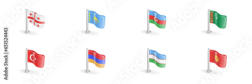 3D flag of Georgia, Kazakhstan, Azerbaijan, Turkmenistan, Turkey, Armenia, Uzbekistan, Kyrgyzstan. Realistic vector icon set Central Asia