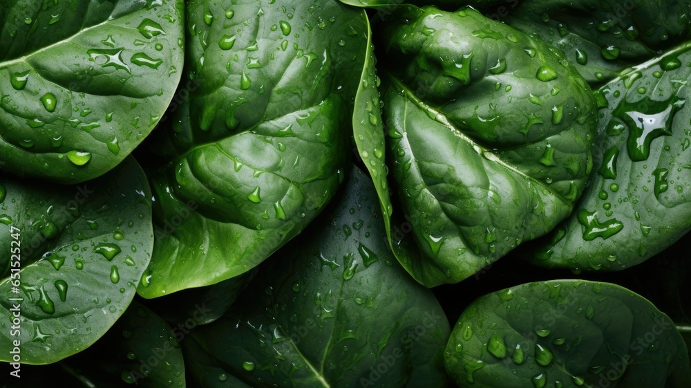 Fototapeta premium Green Spinach with water drops background.