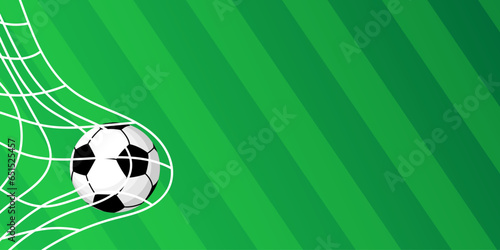 Soccer ball in goal. Goal net. Soccer border on green football grass field. Vector stadium, supporters background