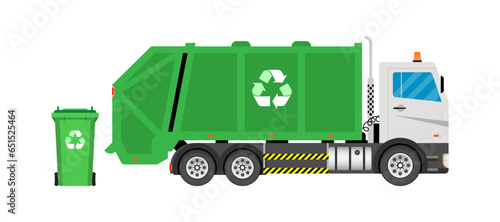 Garbage truck with frontal loader. Collection and transportation of solid household and commercial waste Green garbage truck. Vector flat illustration