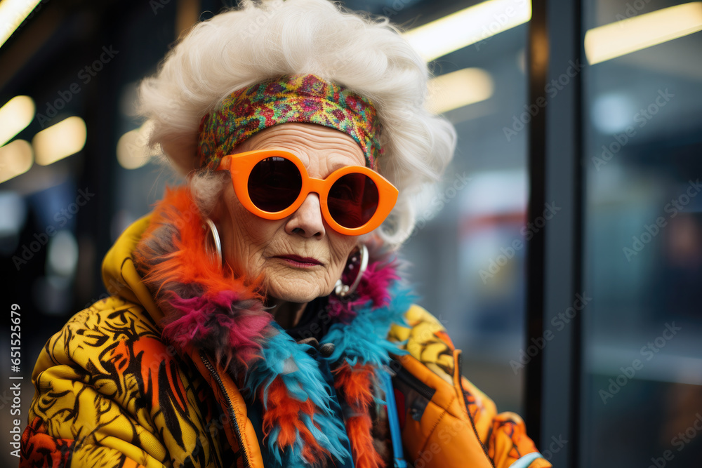 Elderly lady who embraces a funky and eclectic wardrobe, proving that fashion knows no age limits Elderly lady who embraces a funky and eclectic wardrobe, proving that fashion knows no age limits