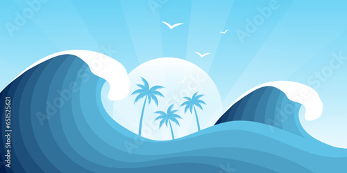Big ocean wave and tropical island.Vector blue background