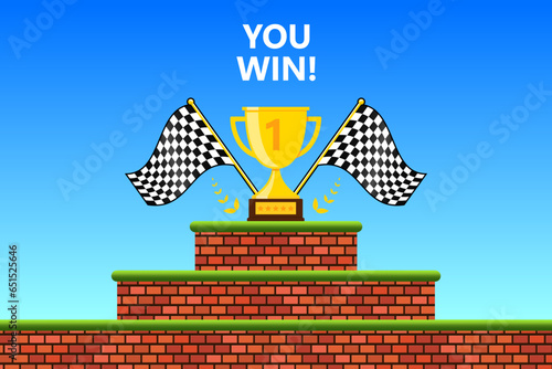 Arcade adventure prize coffin video game interface You Win text, computer game level up background. retro game screen Vector