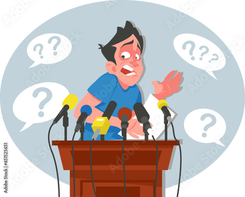 Man at press conference is afraid of questions he is asked by reporters, fear of public speaking. Stock vector illustration