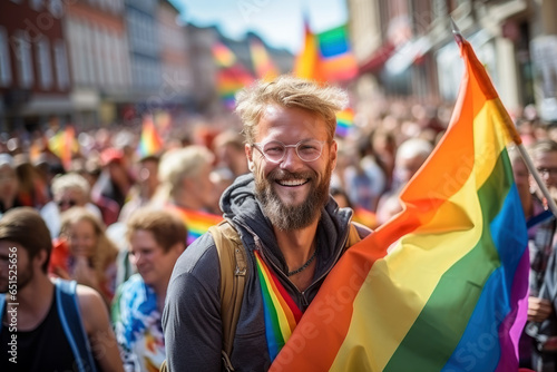 LGBT pride parade, with people marching joyfully, waving rainbow flags, and wearing colorful outfits