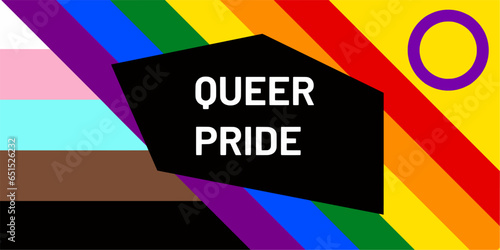 Vector image combining the trans, black, pride and intersex flag with the text 'QUEER PRIDE'