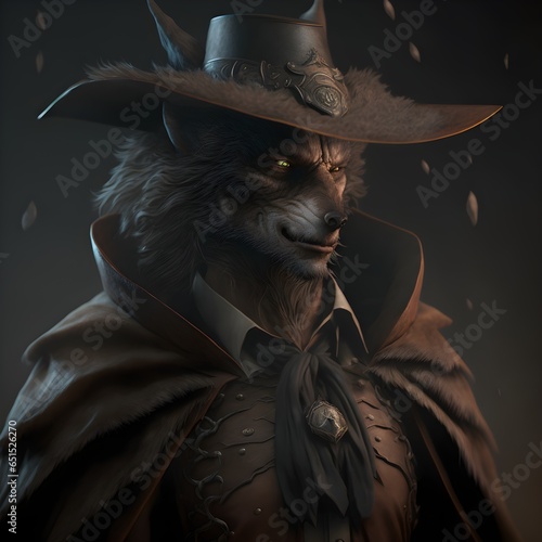 a werewolf gunslinger wearing a duster and widebrim hat photorealistic 8k high detail  photo