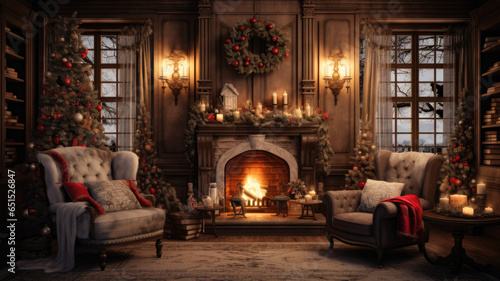 Wallpaper Mural Cozy winter living room interior with a fireplace and Christmas decoration Torontodigital.ca