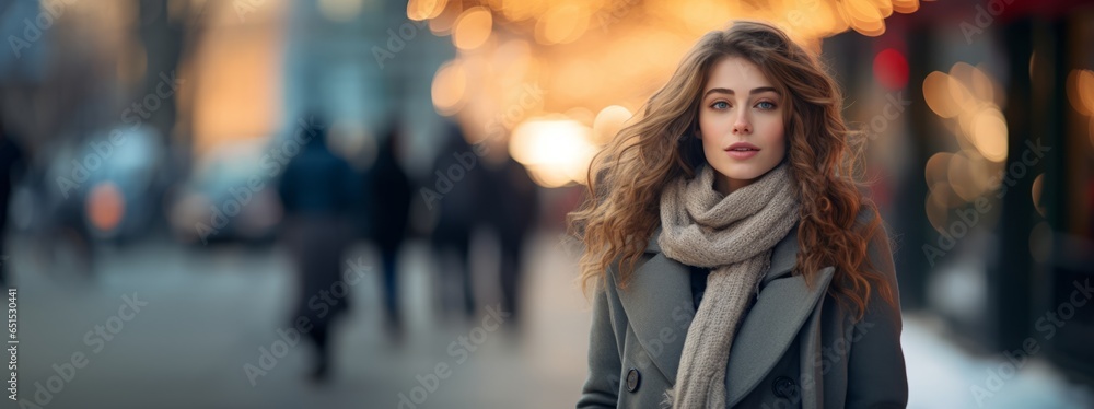 Beautiful woman in winter with blurred winter background with copy space. Generative AI