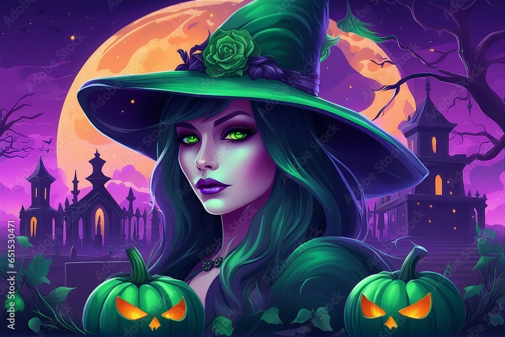Halloween's Witch with skull and a hat, Full moon Scary Illustration Background. Halloween Background. Halloween's Witch with skull and a hat, Full moon Scary Illustration Background. Halloween Background.