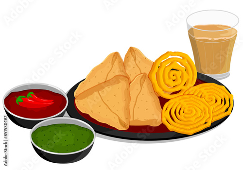 Delicious Indian Street Foods with Samosas, Jalebi, Tea, and Chutneys