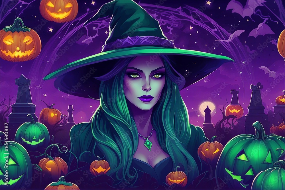 Halloween's Witch with skull and a hat, Full moon Scary Illustration Background. Halloween Background. Halloween's Witch with skull and a hat, Full moon Scary Illustration Background. Halloween Background.
