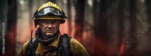 A man firefighter stands on the background of a forest fire. Generative AI