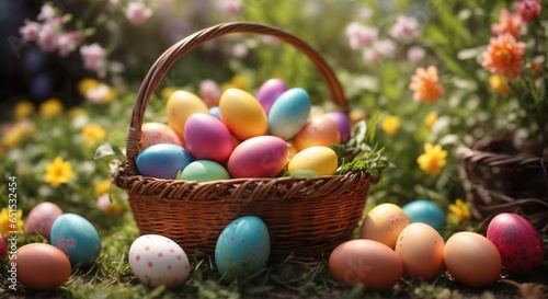 basket full of painted easter eggs in a blossom spring meadow.. Generative AI.