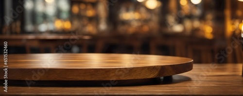 Table shot of an empty wooden table in a restaurant, bar or pub for placing products or content. Generative AI.